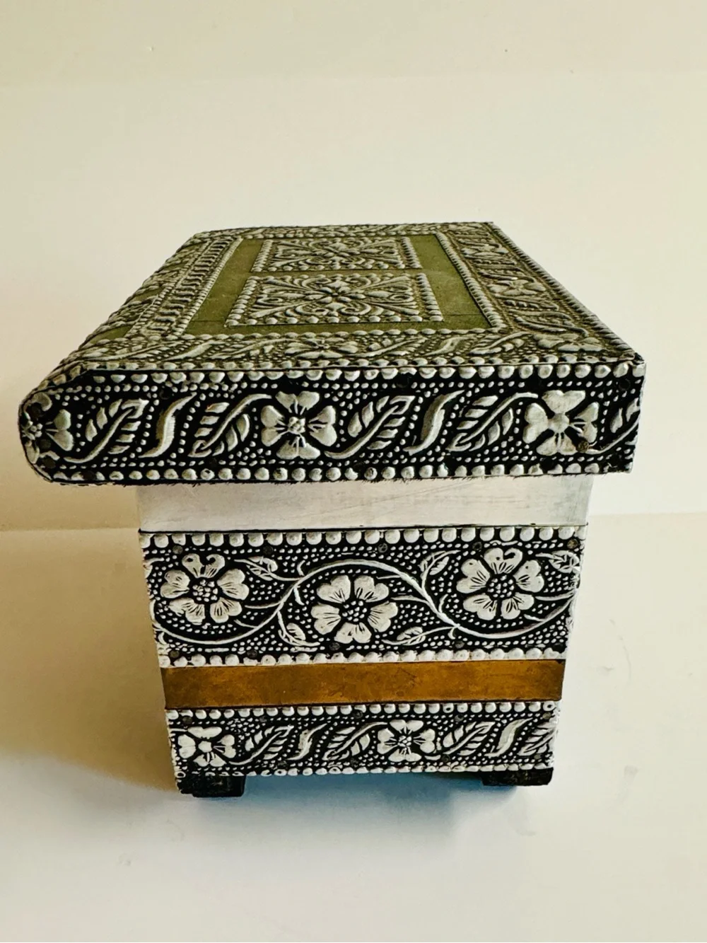 Vintage Tin and Copper Floral Embossed Jewelry Box with Mirrors + Velvet lining.